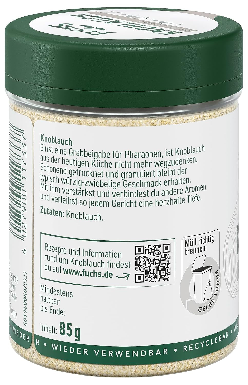 Fuchs Gewürze - Fokhagyma granulált - würzig-zwiebliger Geschmack für Tzatziki, Knoblauchbutter oder Gemüsegerichte - természetes összetevők - 85 g wiederverwendbarerben, recyclebarer Dózis