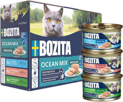 Bozita Mousse Ocean Mix – 12 x 85g hrană umedă pentru pisici cu ton, somon sau cod galben – fără cereale, fără zahăr și coloranți artificiali – cu postbiotice pentru o floră intestinală sănătoasă
