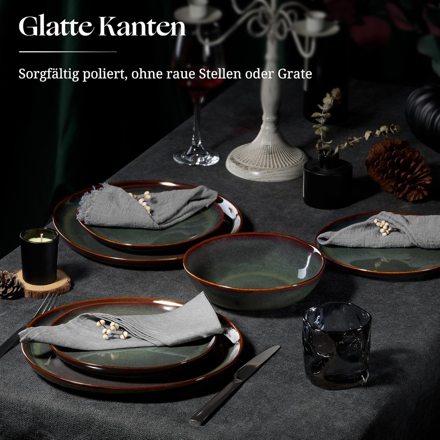 Set de veselă pentru 6 persoane, set de servire din gresie, format din 18 piese, boluri rotunde neregulate pentru cereale, farfurii de desert, farfurii de cină, rezistent la zgârieturi și potrivit pentru cuptorul cu microunde, verde mușchi reactiv