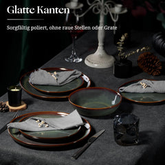 Set de veselă pentru 6 persoane, set de servire din gresie, format din 18 piese, boluri rotunde neregulate pentru cereale, farfurii de desert, farfurii de cină, rezistent la zgârieturi și potrivit pentru cuptorul cu microunde, verde mușchi reactiv