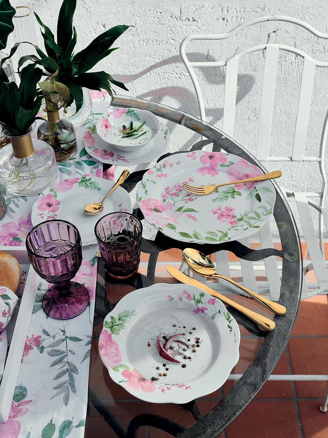 Set de veselă Wildrose cu 18 piese pentru 6 persoane, porțelan floral