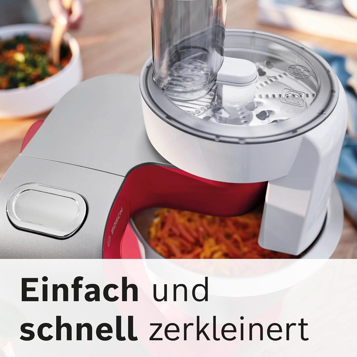 Bosch Küchenmaschine Serie 4 Mum58720, Edelstahl-Schüssel 3,9 l, turmixgép 1,25 l, Planetenrührwerk, Knethaken, Schlag, Rührbesen, Durchlaufschnitzler, 3 Scheiben, 1000 W, Dunkelstahl-Schüssel és Chilber