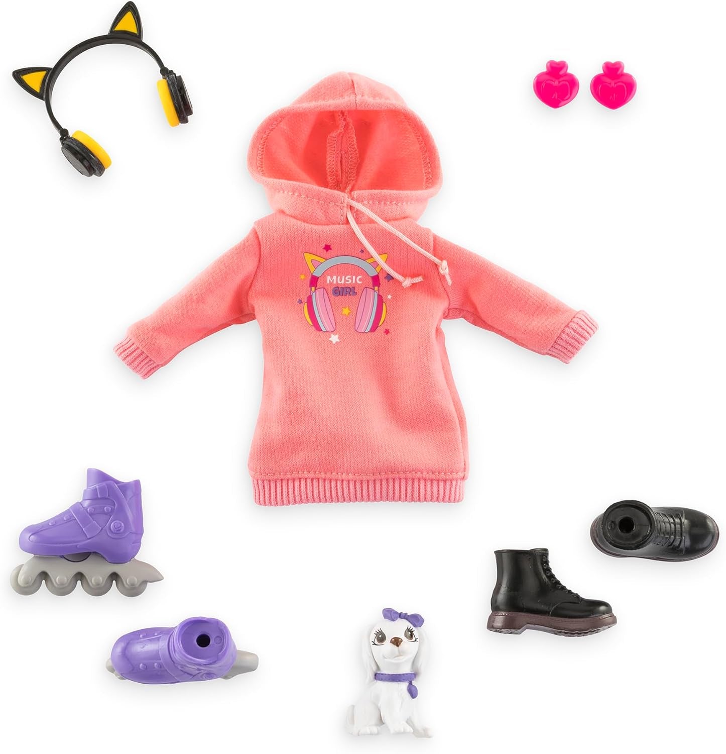 Corolle Girls dallamzene és divatkészlet, Ankleidepuppe im cool Hoodiekleid mit Hund, divatos Kopfhörer, Ohrringe und extra Inlineskates, Vanilleduft, 28cm, ab 4 év