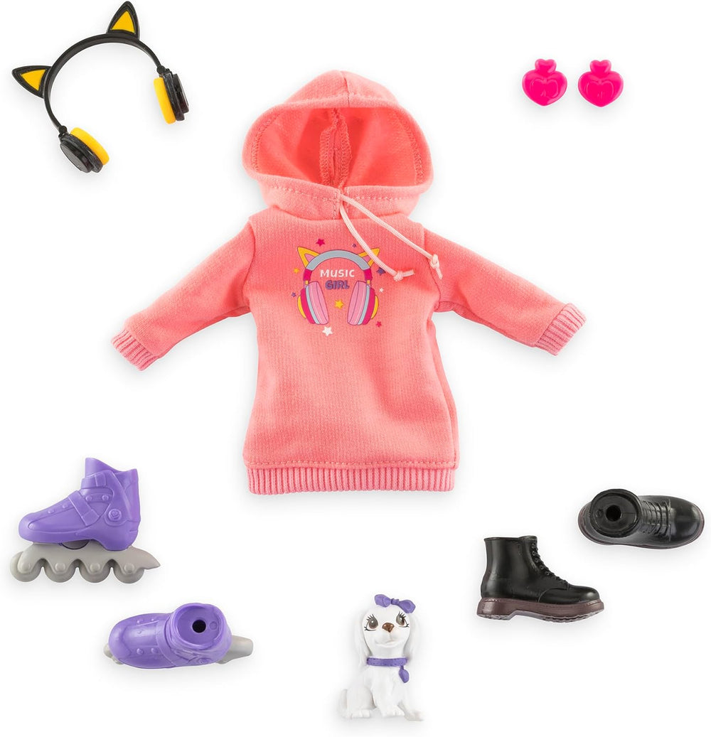 Corolle Girls dallamzene és divatkészlet, Ankleidepuppe im cool Hoodiekleid mit Hund, divatos Kopfhörer, Ohrringe und extra Inlineskates, Vanilleduft, 28cm, ab 4 év