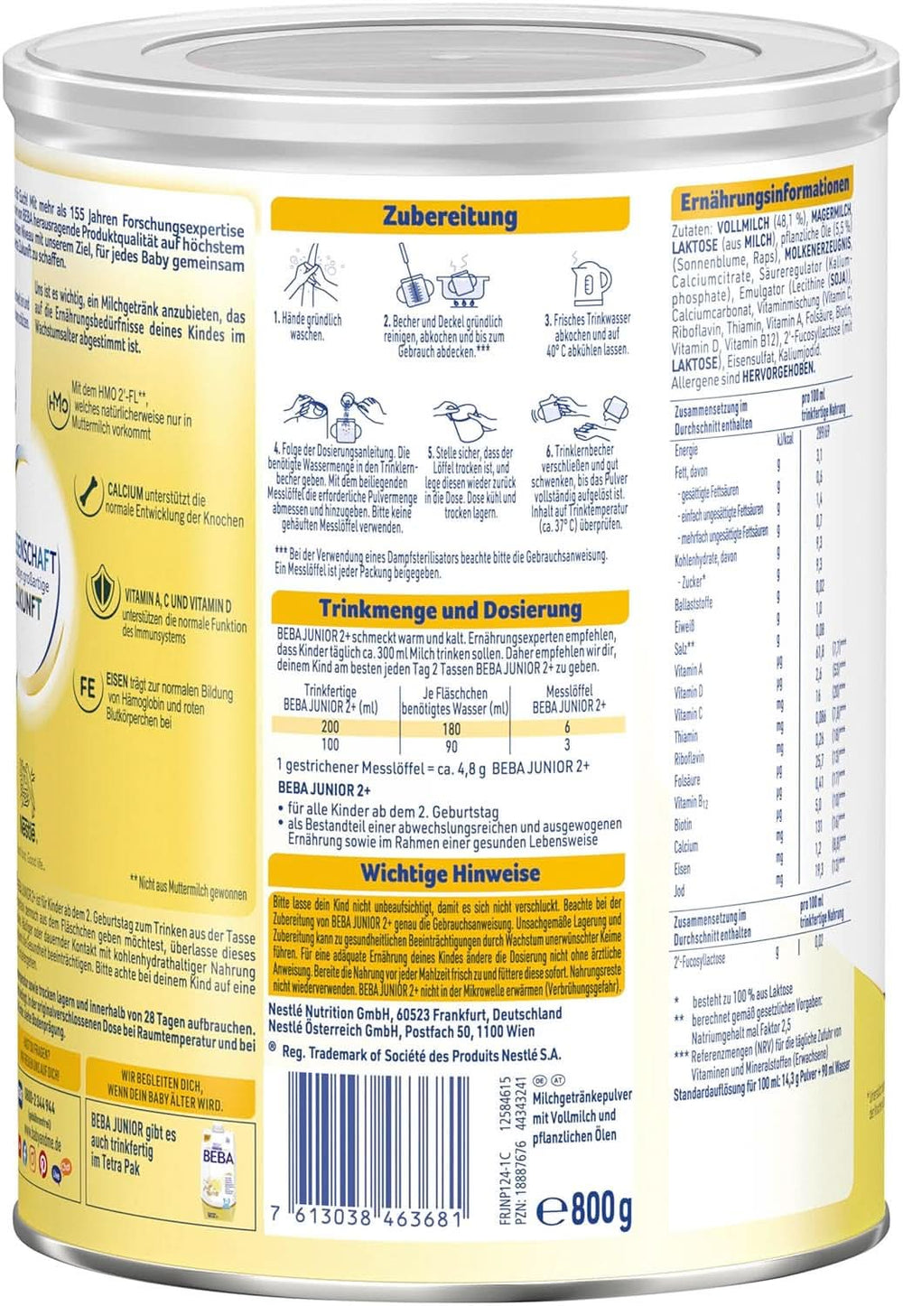 BEBA Junior 2+ 2. születésnapi tejital, HMO 2'-FL bébiétel, csak laktóz, pálmaolaj mentes, 6. csomag (6 x 800 g) Anya és Baba Naty Shop