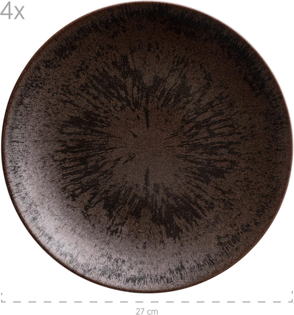 MÄSER Bronz Metallic, serviciu de masă cu 12 piese pentru 4 persoane cu glazură elegantă și lucioasă, set de farfurii cu farfurie de cină, farfurie de sumă și farfurie de desert din ceramică de înaltă calitate, gresie, maro