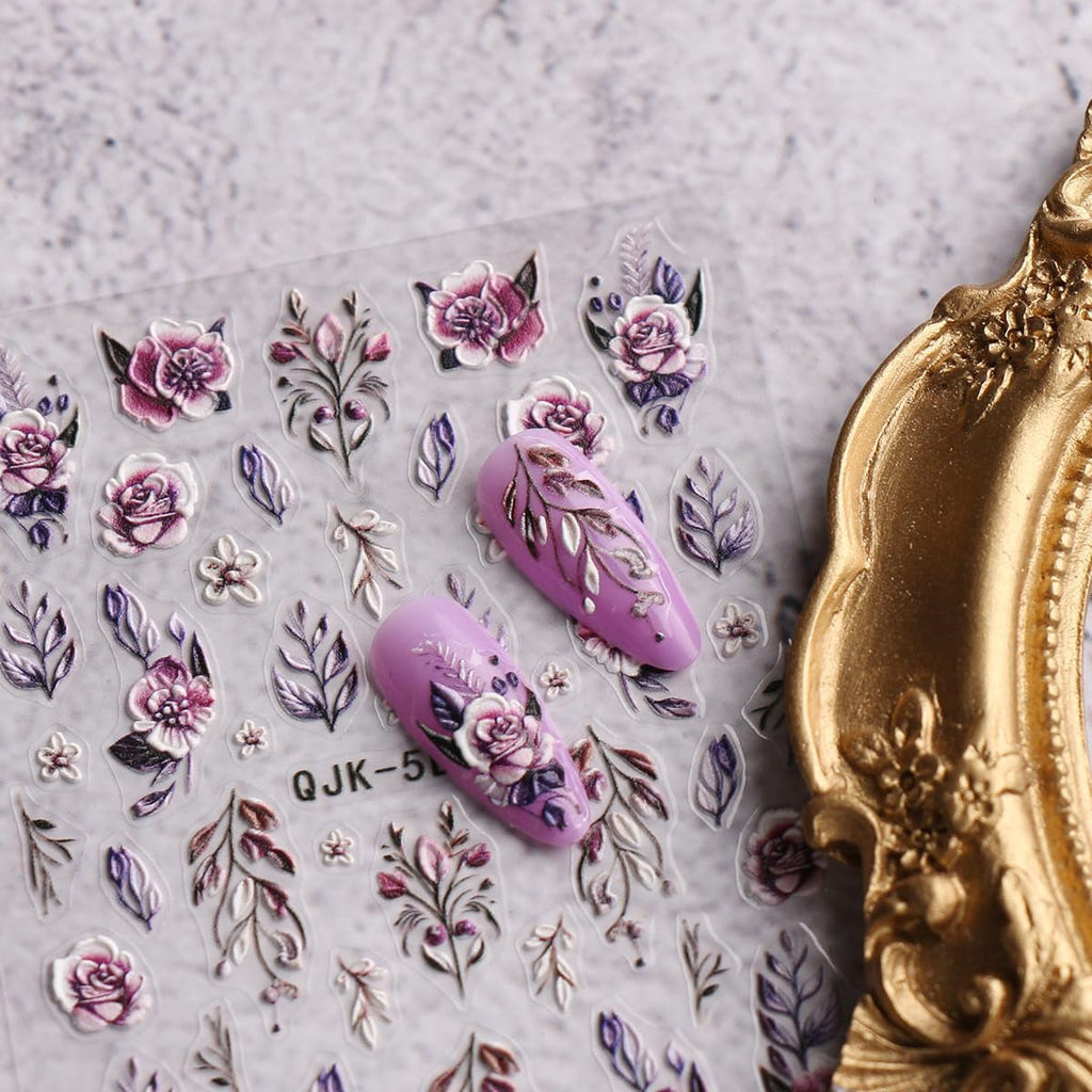 JMEOWIO 3D Nagelsticker Blumen Nail Art Sticker Selbstklebend Nagelaufkleber 5D Stereoskopisch Frühling Sommer Dekoration Nageldesign Zubehör 4 Blatt