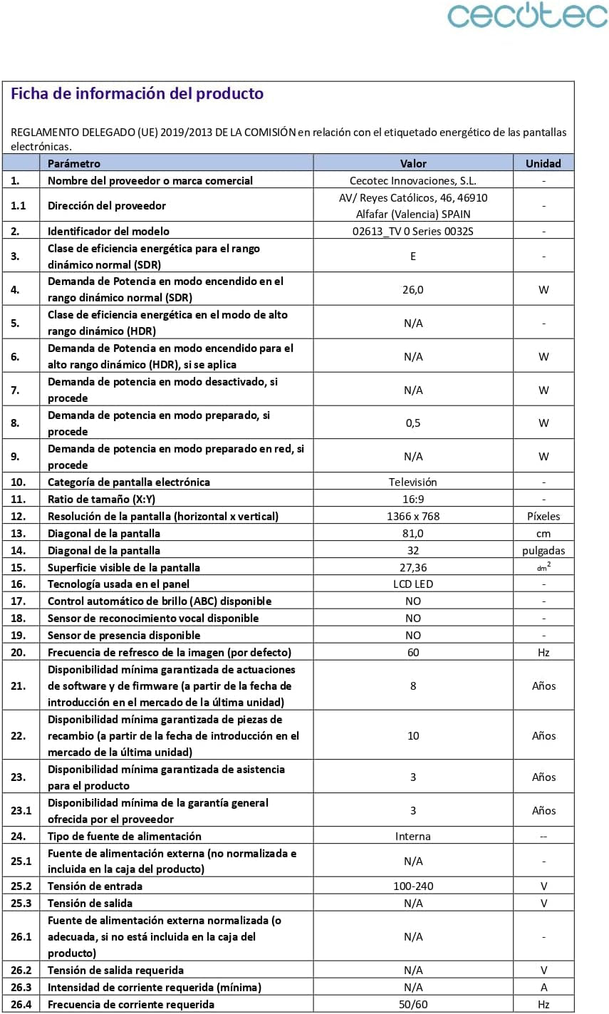 Televizor LED Cecotec 32" - TV LED Seria 0 0032S. Ecran de 32 de inci, HD, rezoluție optimă pentru imagini și videoclipuri, sistem Dolby, memorie flash, conectivitate HDMI/USB, telecomandă