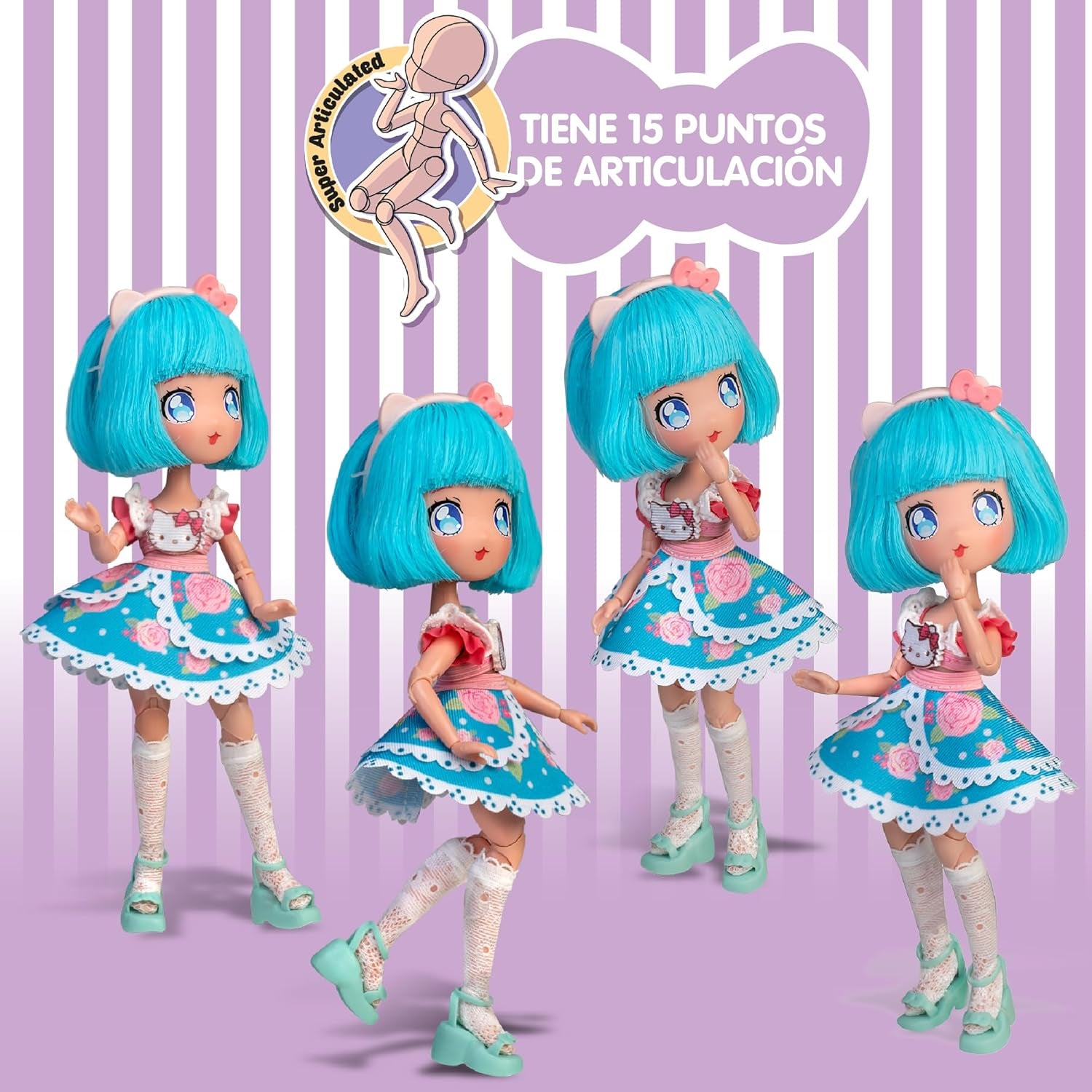 Manga Doll Pretty Pink, japanische Modepuppe mit modischen Designs, Manga, 19,5 cm Figur mit 15 Gelenkpunkten, blaues Haar, inklusive Zubehör, berühmt (HKTF0300)