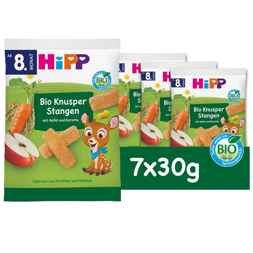 HiPP Bio Knusper Stangen Apple Karotte (7 x 30g), Babysnack ab 8. Monat, Süße nur aus Früchten und Gemüse, glutenfrei, in best Bio-Qualität