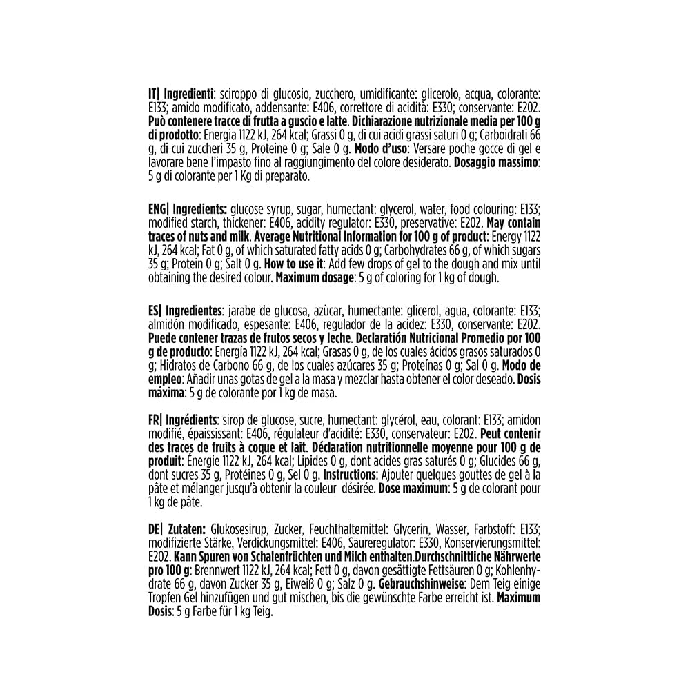 9600818 Colorant alimentar în gel, Colorant alimentar în gel ideal pentru acoperiri și decorațiuni, Creează culori intense și strălucitoare, Fabricat în Italia, 28 de grame, Culoare albastru.