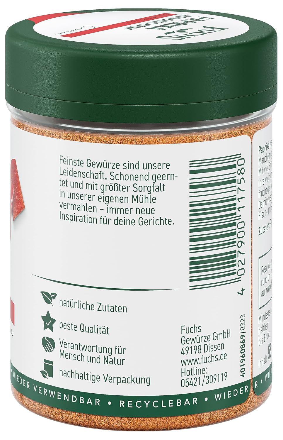 Fuchs Gewürze - Paprika rosenscharf gemahlen - schärfer Gesmack für Gulasch, Eintöpfe oder Gemüsegerichte - természetes összetevők - 55 g in wiederverwendbarer, recyclebarer Dózis