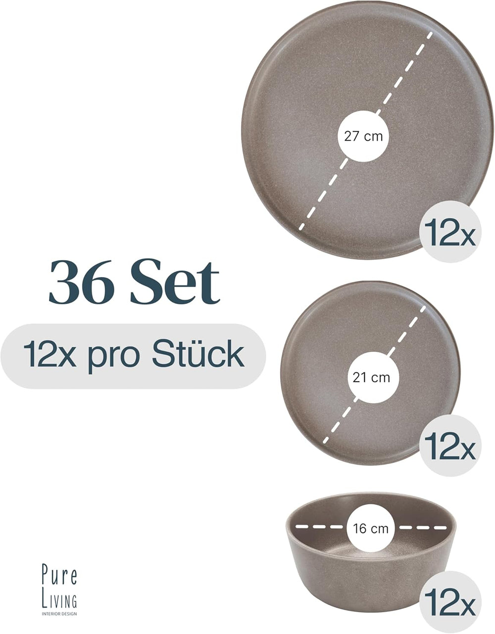 Set de veselă din gresie pentru 12 persoane, 36 de piese, stil urban de înaltă calitate, TEST FOARTE BUN, Set de veselă din gresie - Set bol și farfurie - Serviciu de cină pentru 12 persoane, Seturi de veselă Pure Living în gri mat-maro