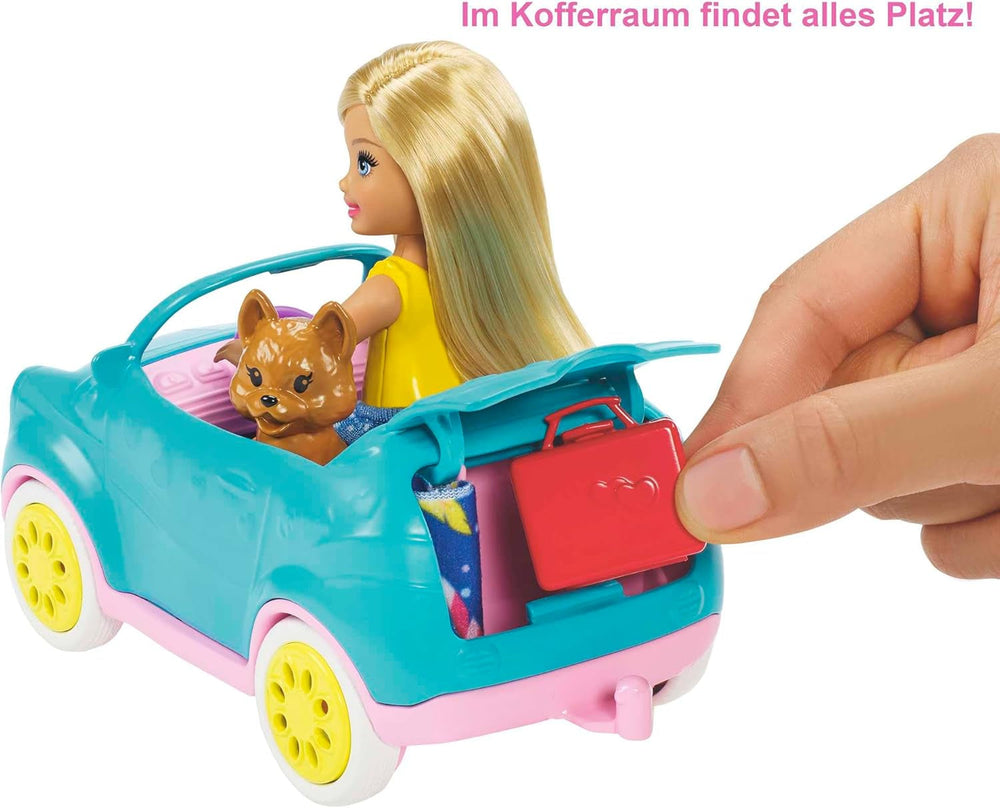 Barbie Chelsea Series, Chelsea Car And Camper Set cu 10+ Barbie Camping Accessories, 1X Chelsea Doll, Teal Car And Pink Mini Camper, Cadouri pentru copii 3+ ani, Fxg90 Papusi Naty Shop