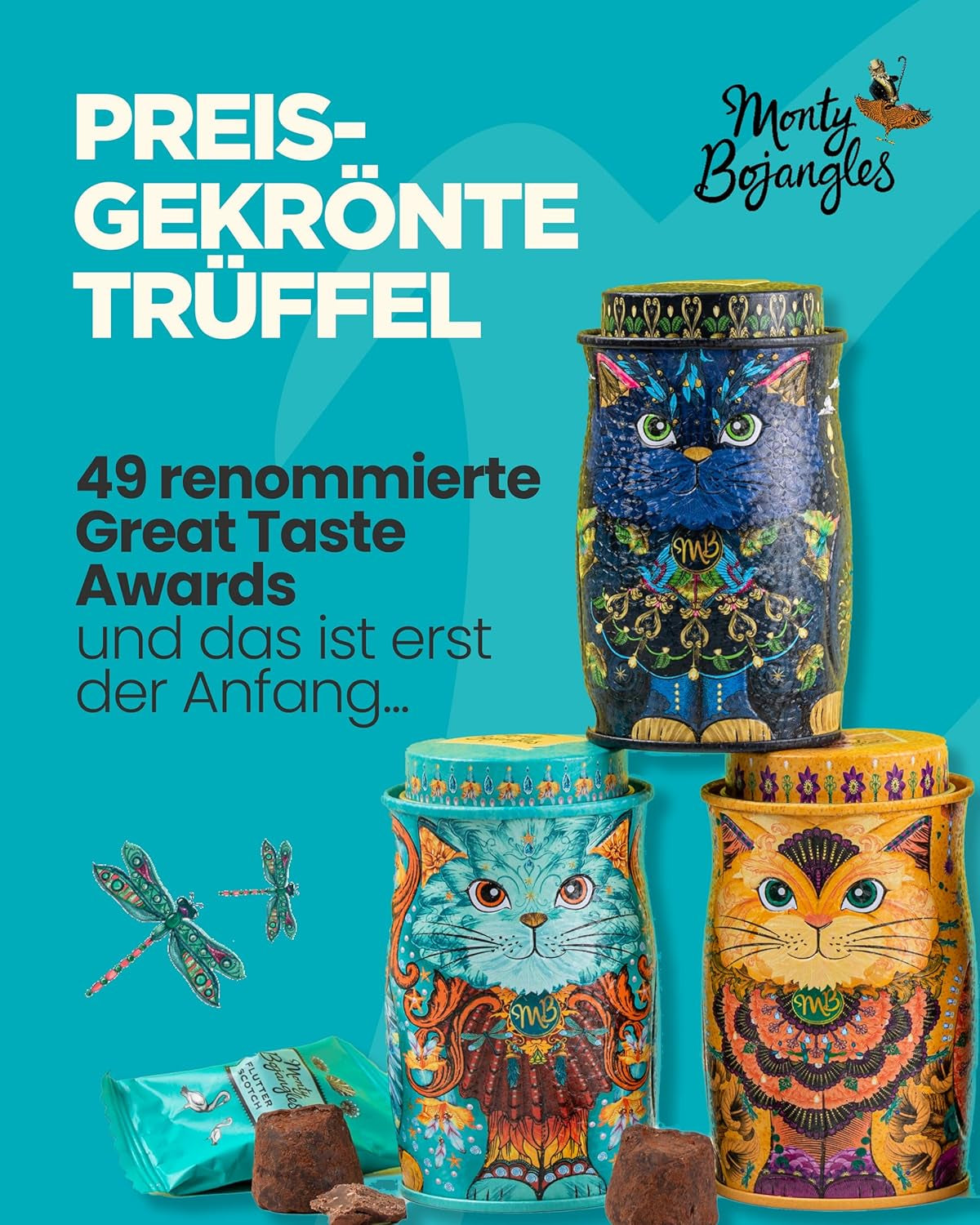 Monty Bojangles Savanna Gold csokoládé szarvasgomba (135 g) kakaóporos praliné ajándék szett egyedi macska design gyűjtődobozban, flutter skót ízben