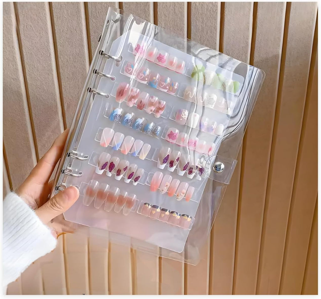 Set organizator unghii A5 cu sistem de închidere cu capse și foi detașabile – Cutie transparentă robustă + 6 tampoane adezive și carte de depozitare detașabilă pentru unghii artificiale/adezive – Ideal pentru depozitare, prezentare