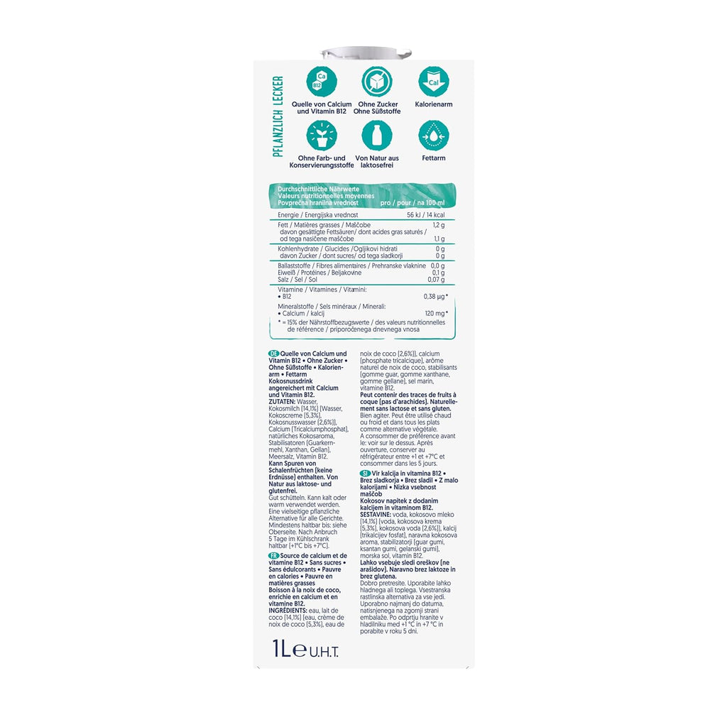 Alpro Kokosnussdrink ohne Zucker – Ohne Süßstoffe – Vegán és tejföl – Von Natur aus lactosefrei und fettarm – Gazdag kalcium és vitamin – 8 x 1 L