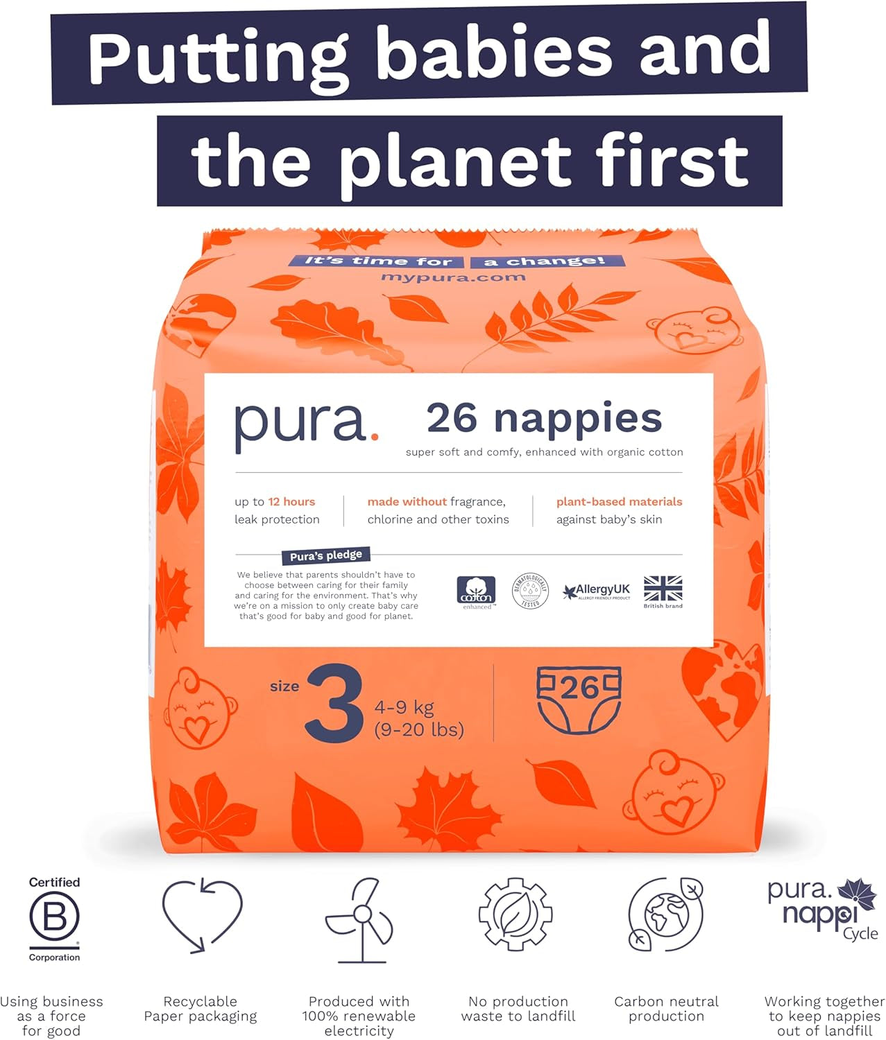 Eco baba pelenkák - 3-as méret (4-9 kg), 1 csomag (26 pelenka), ultrapuha pelenkák érzékeny bőrre, szerves pamut, akár 12 órás szivárgásvédelem, új méret útmutató