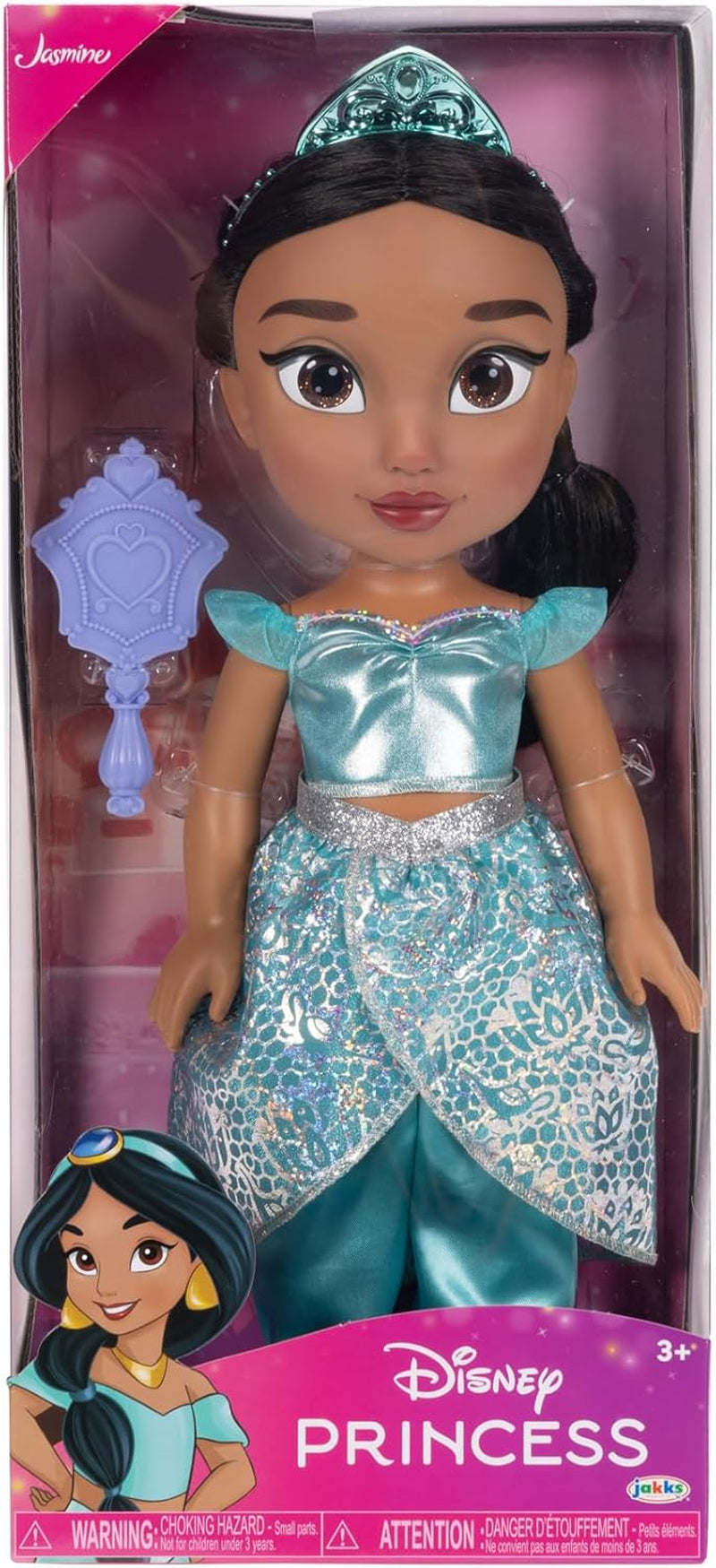 Disney Princess Jasmin Puppe 35 cm, reflektierende Glitzeraugen, bewegliche Gelenke, ausziehbares Outfit, Schuhe, Krone, langes geflochtenes Haar, für Mädchen ab 3 Jahren