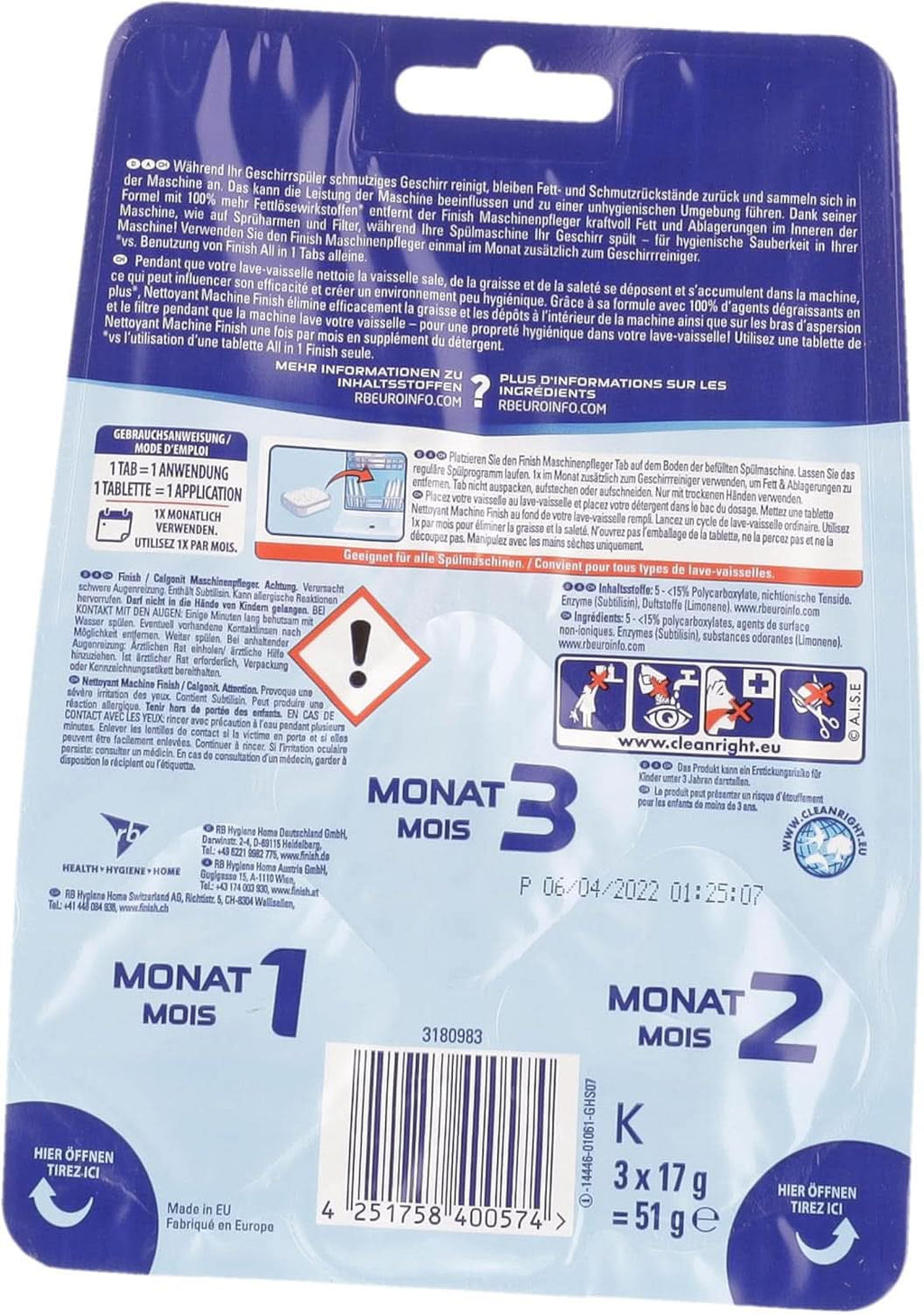 Finish Machine Cleaner Tabs - Pastile pentru mașina de spălat vase împotriva murdăriei și grăsimii din interiorul mașinii de spălat vase, 3 pastile Naty Shop