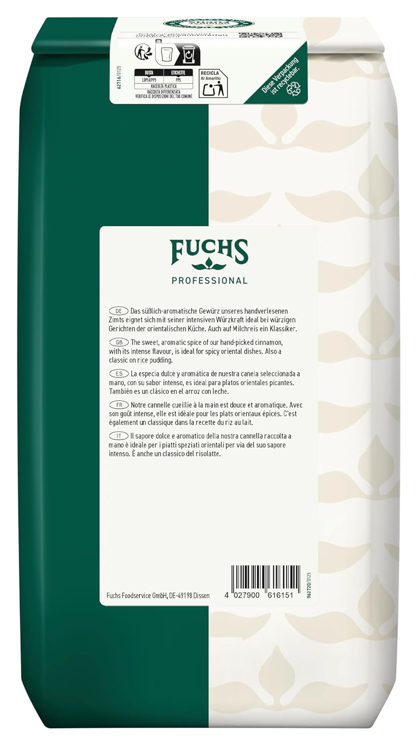 Fuchs Professional - Zimt gemahlen | Zum Würzen von süßen und würzigen Gerichten | Profi-Qualität für Großverbraucher und Gastronomie | 1 kg-os újrahasznosítható zacskó