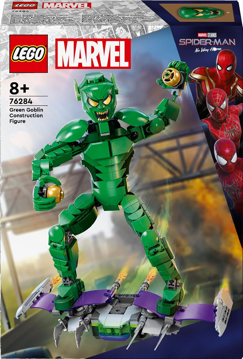 LEGO Marvel zöld kobold építőfigura, szupergonosz mozgatható építőjáték 8 év feletti gyerekeknek, fiúknak és lányoknak, Pókember univerzum készlet csúszkákkal és tökbombákkal, szuperhős ajándékötlet 76284 építőkészlet Besuche den LEGO-Store