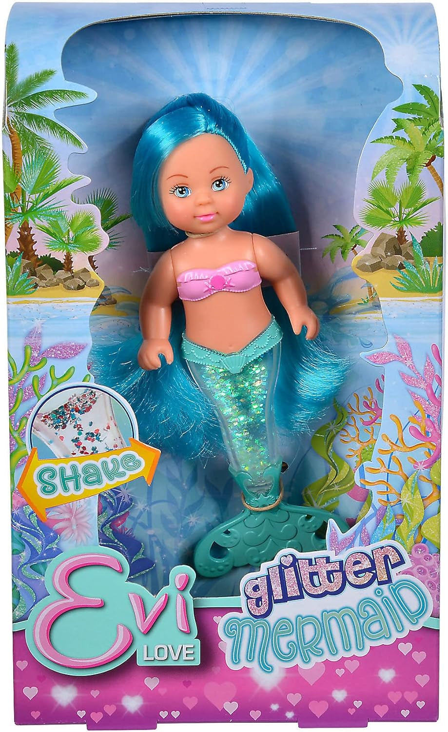 Simba 105733482 - Evi Love Glitter Mermaid, Puppe als Meerjungfrau mit Schwanzflosse, die beim Schütteln glitzert, Es Wird nur EIN Artikel geliefert