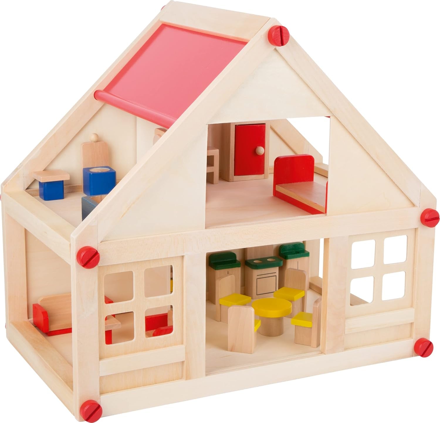 Casă de păpuși din lemn Small Foot, culori naturale - 3 etaje cu terasă pe acoperiș și set de mobilier din 51 de piese, încurajează jocul creativ, potrivită de la 3 ani, 12541 Casute de papusi Naty Shop Casă de păpuși