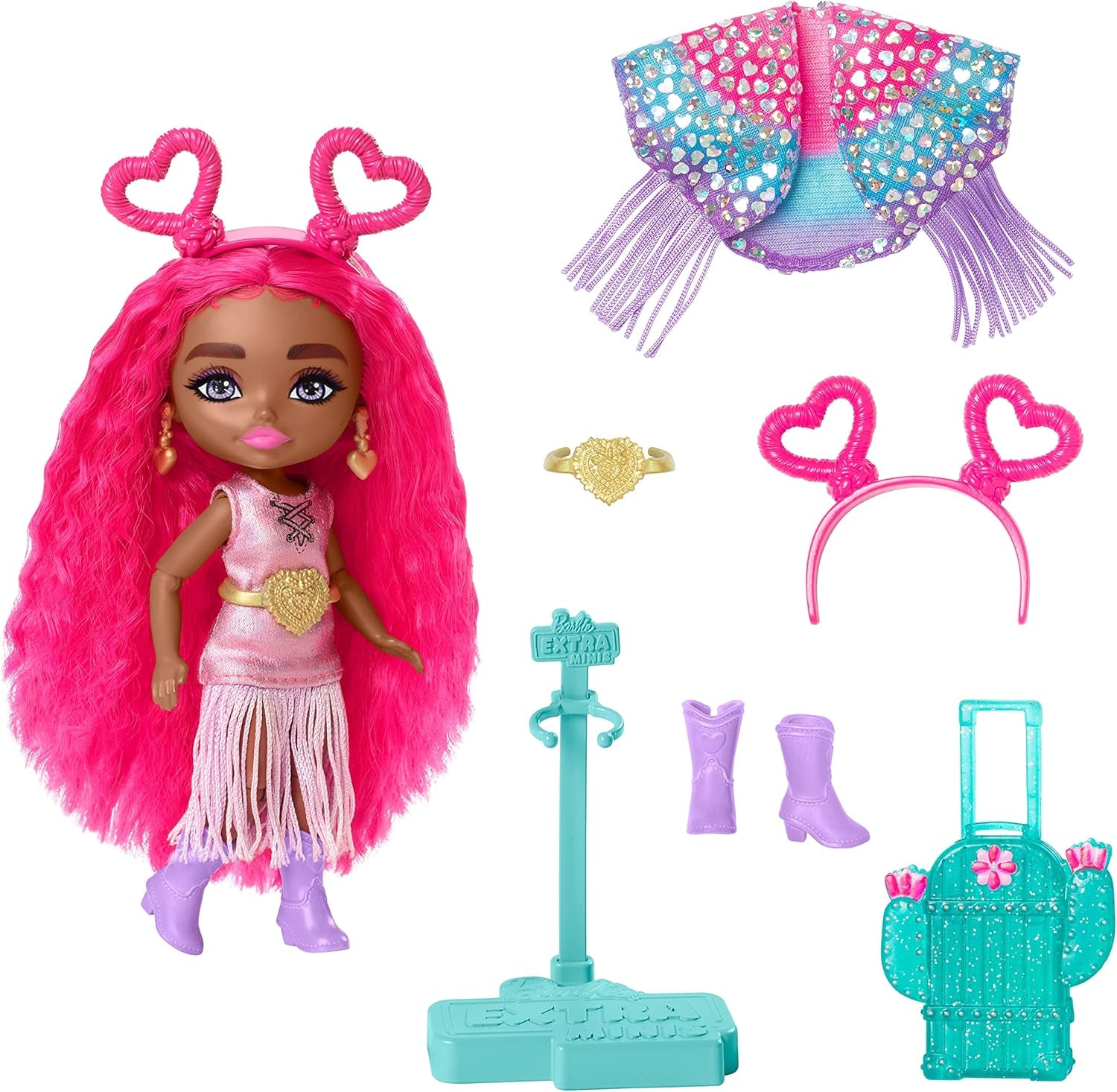 Barbie Extra Fly Reisepuppe - Mini Puppe mit Wüstenoutfit, glitzerndem Cape und Kaktus-Koffer, bewegliche Ellbogen und Knie für modebewussten Spielspaß, für Kinder ab 3 Jahren, HPB19