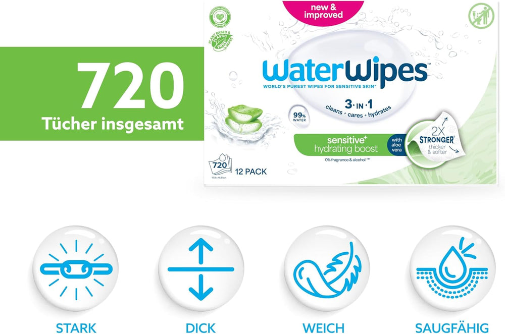 WaterWipes Sensitive+ Hydrating Boost nedves törlőkendők, hidratáló törlőkendők, 720 darab (12 csomag), 3 az 1-ben tiszta, ápoló, hidratáló, 99% aloe vera víz, illatmentes baba törlőkendők