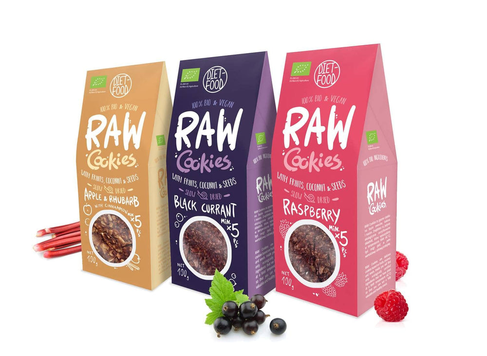 DIET-FOOD RAW Fursecuri cu coacăze negre organice Gustare sănătoasă Fursecuri delicioase pentru birou, fără conservanți 100 g (1 pachet)