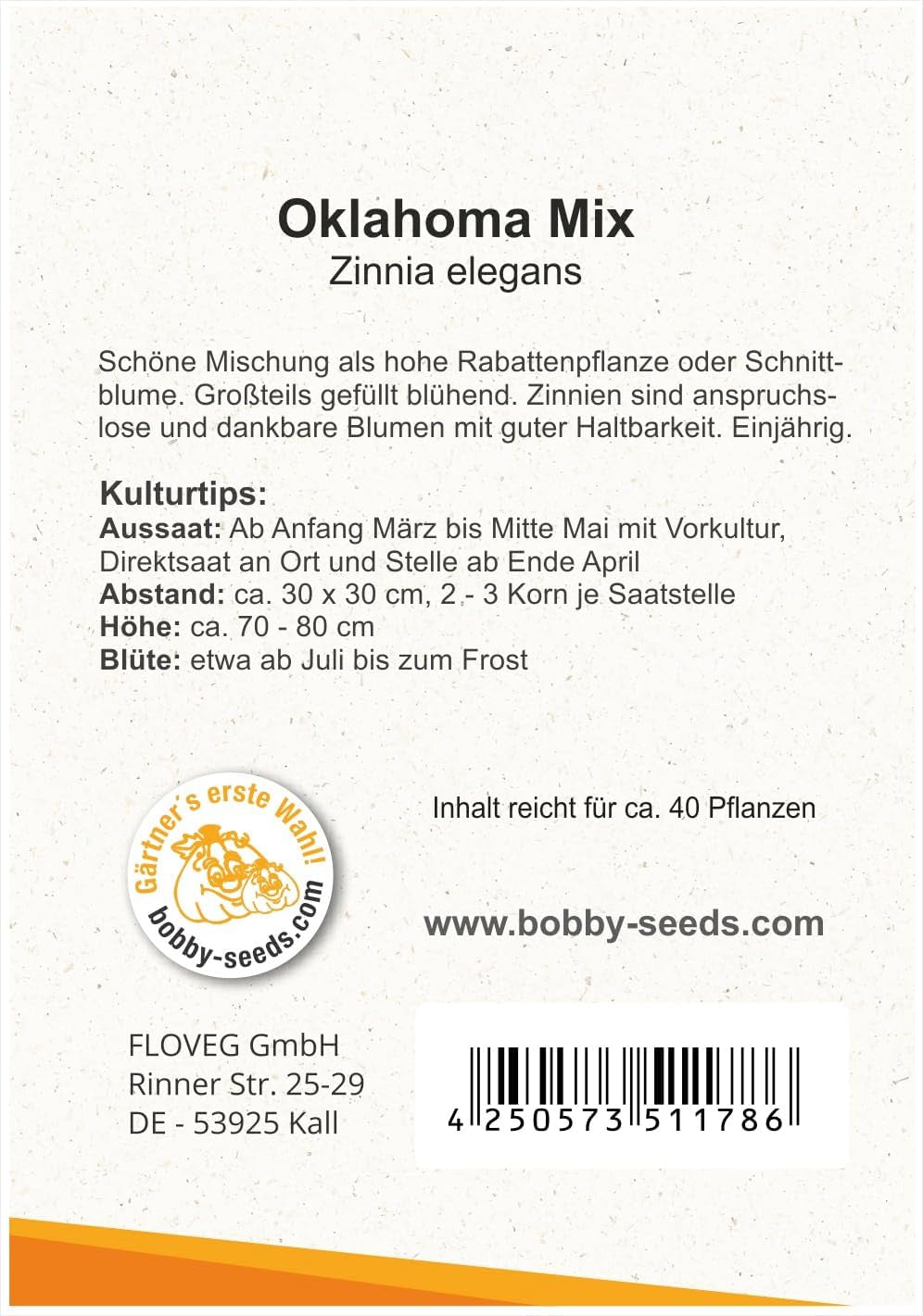 Blumensamen Oklahoma Mix Zinnie Portion