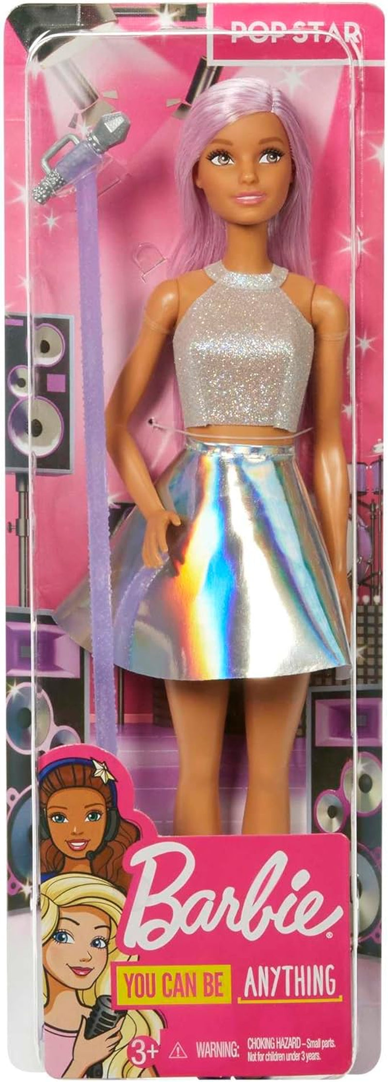 Barbie Pop-Star-Puppe gekleidet in einem schillernden Rock mit Mikrofon und rosafarbenem Haar, Geschenk für Kinder von 3 bis 7 Jahren, JCW42, Schillernd