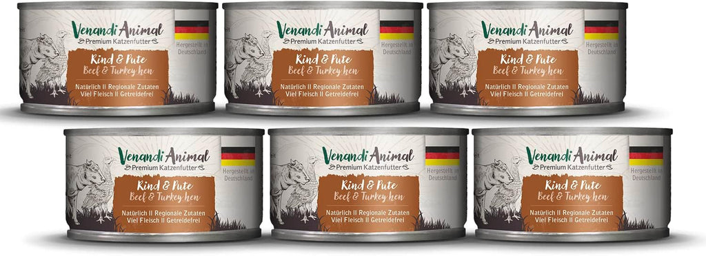 Venandi Animal Premium Hrană umedă pentru pisici, Tasting Pack III, pui, curcan, vită, pui + iepure, vițel, curcan, 6 X 200 G, fără cereale și naturală, 1.2 Kg