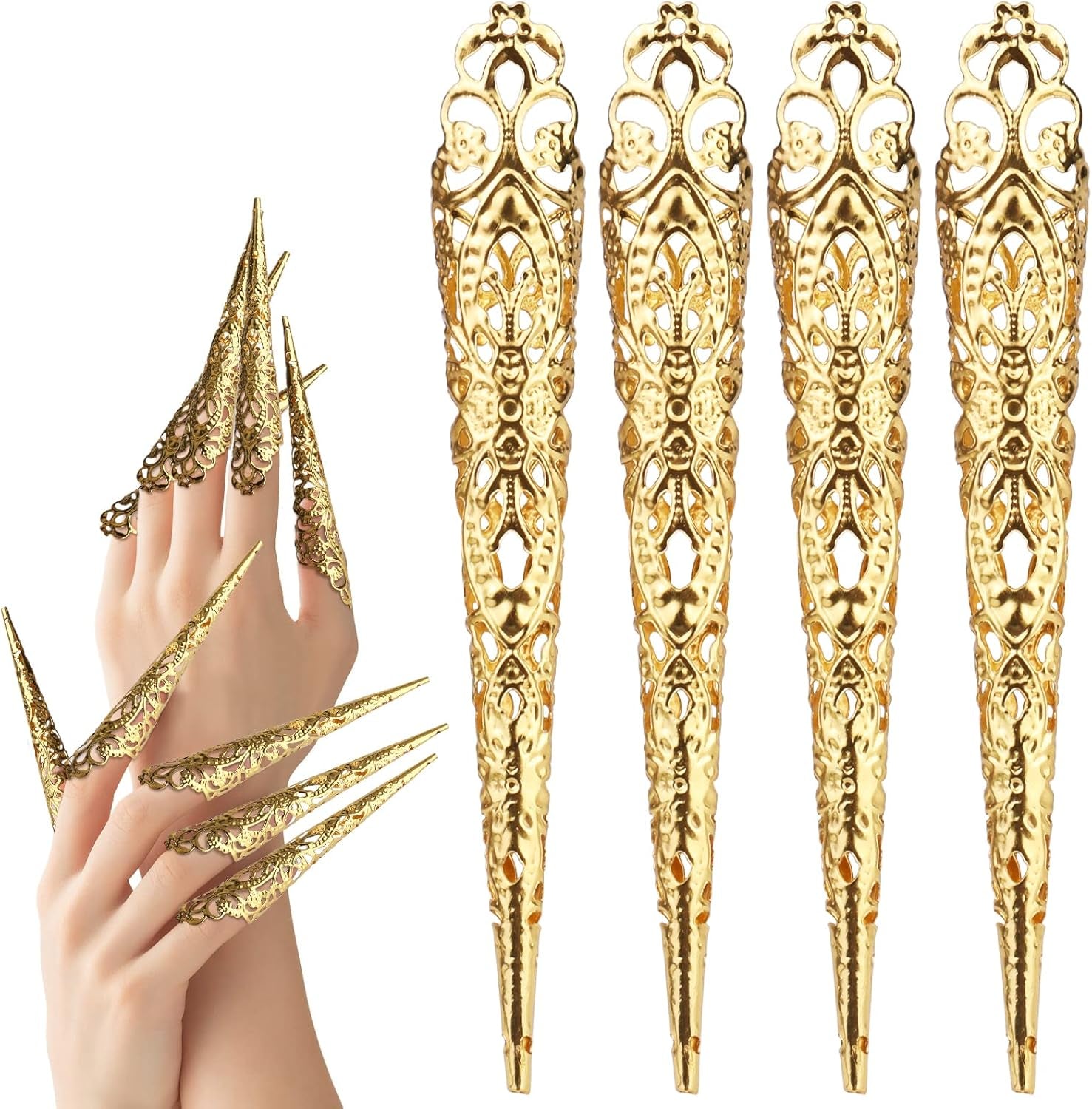 Mwoot 10 bucăți Halloween unghii false aurii unghii false antice regina costum cosplay deget unghii vârful inelelor deget unghii vârful ghearelor inele pentru unghii gheare inele pentru unghii pentru femei