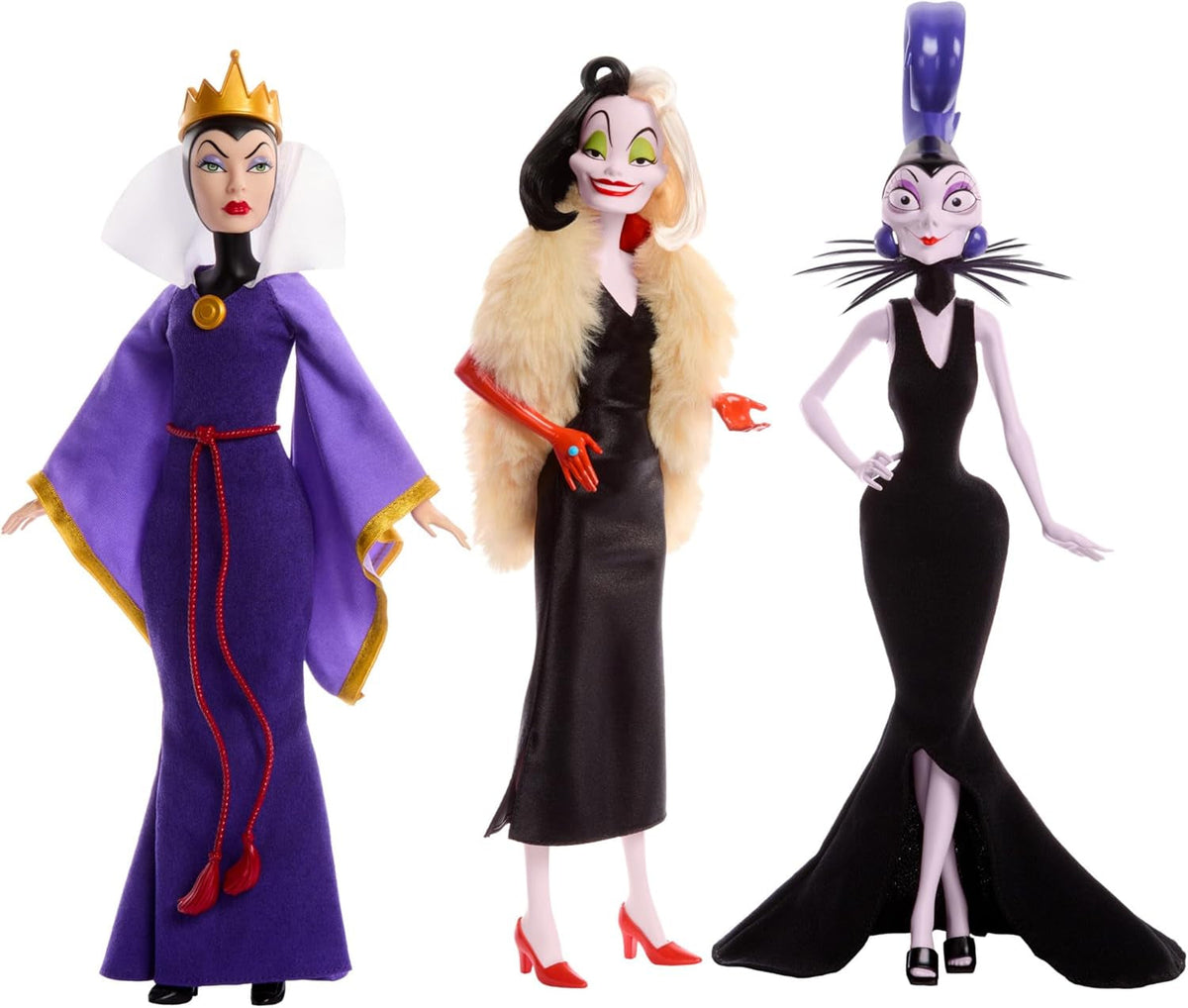 Mattel DISNEY Villains Böse Königin, Cruella de Vil & Yzma - Legendäre Schurkinnen Set mit detailsreiche Outfits & Accessoires, für Sammler & Kinder, ab 3 Jahren, HRF56