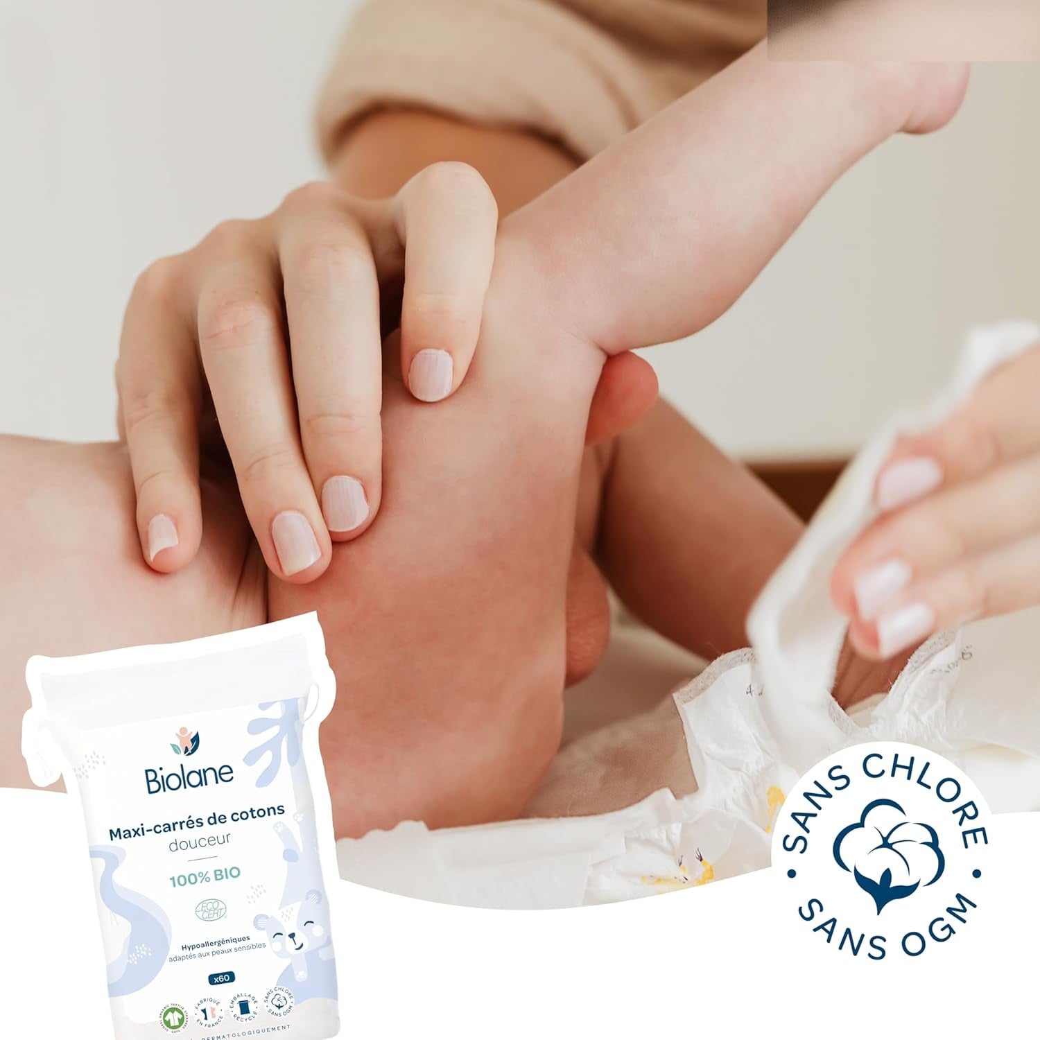 BIOLANE 12 Maxi Squares nedves betétek - Babák - 100% organikus - 720 pamut - érzékeny bőrre - Átöltözés és piperecikkek - születéstől fogva - Franciaországban készült