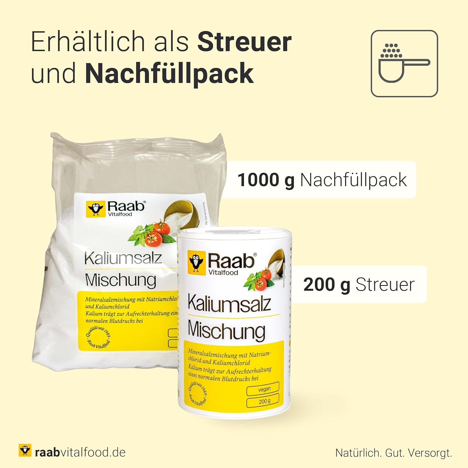 Raab Vitalfood Kalium salt-Mischung, Mineralsalzmischung mit 66,7% Natriumchlorid (Kochsalz) és 33% Kaliumchlorid, Kalium trägt zur Aufrechterhaltung eines normalen Blutdruck bei (1 x 200 g adag)