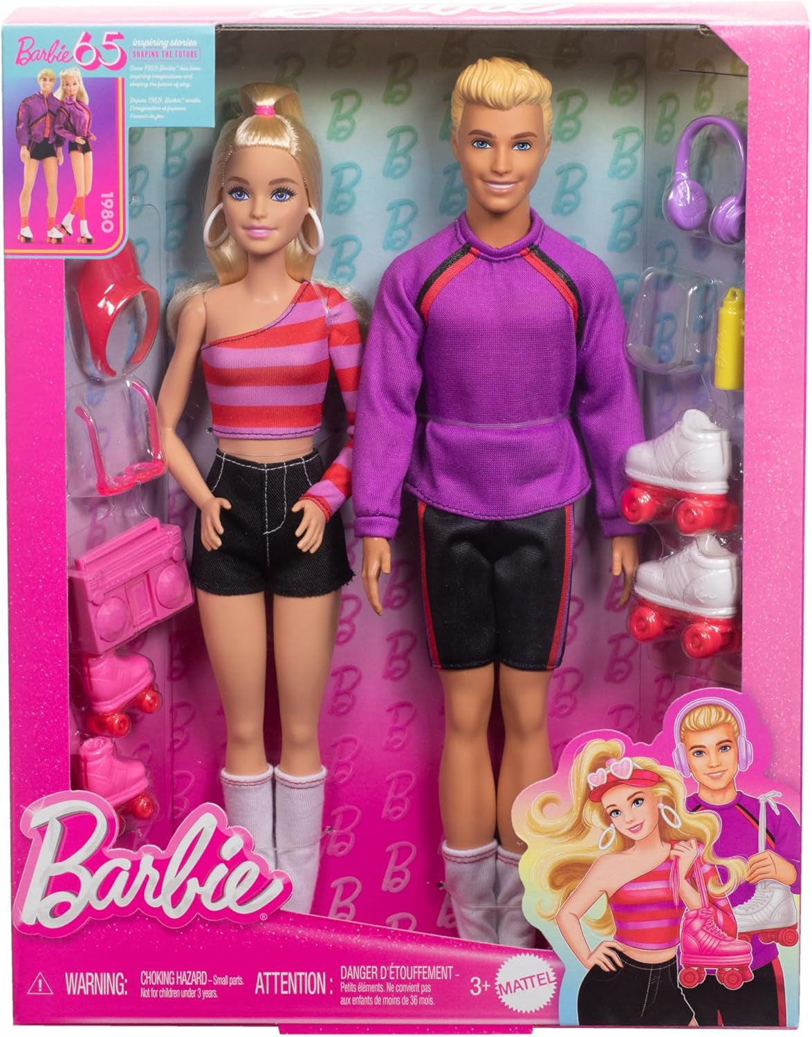 Set Barbie Fashionistas cu 2 păpuși la modă și 6 accesorii, păpuși la modă Barbie și Ken care patinează cu role, figurine de colecție aniversare de 65 de ani, HXK90