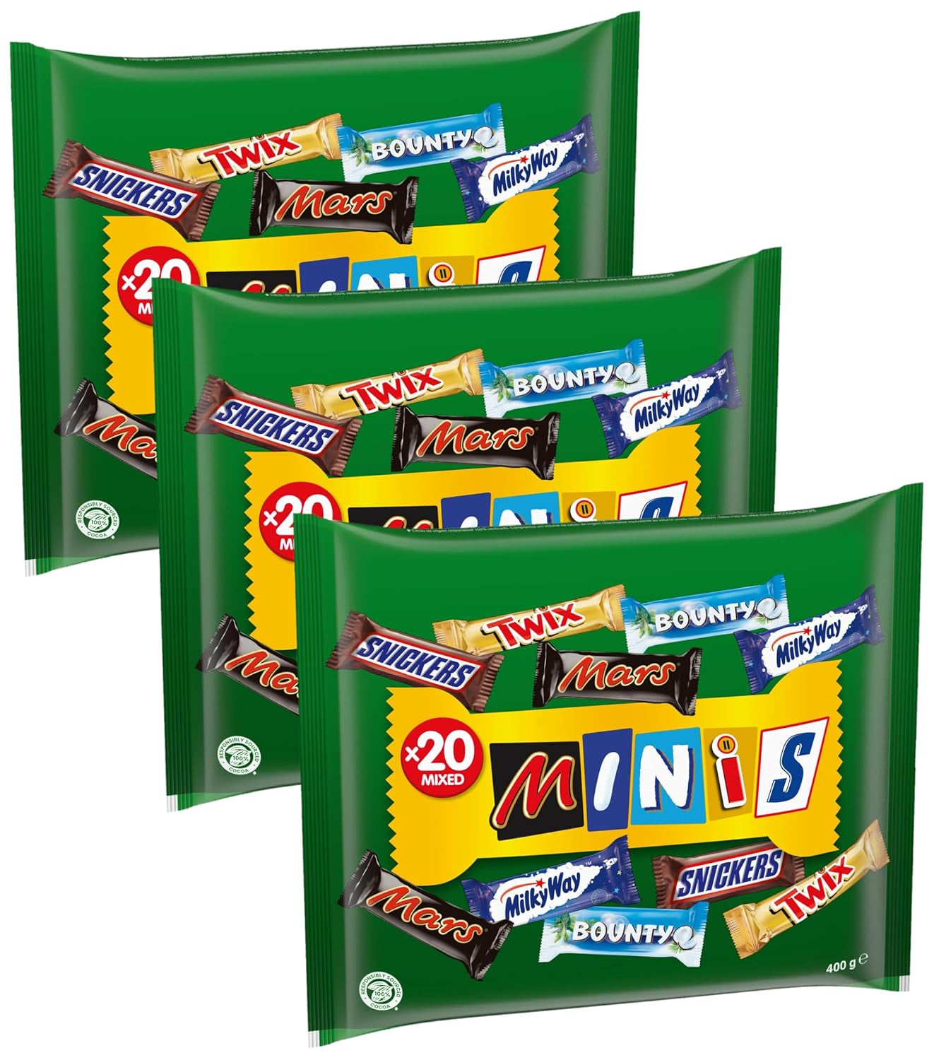 Mini vegyes csokoládé csomag, 20 mini csokoládé snack (Mars, Snickers, Bounty, Twix, Milky Way), édességként, csokoládé ajándék, cukorkadoboz, 400 g