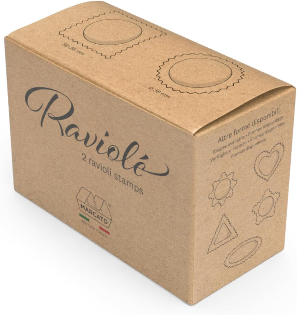 Set de forme pentru ravioli și biscuiți Marcato, aparat de ravioli, formă pentru biscuiți, lemn masiv și fontă, fabricat în Italia, relief rotund 58 mm + relief pătrat 58 mm. Model: Raviolè