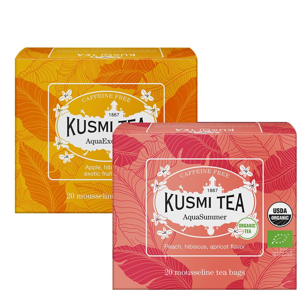 Kusmi Tea - pachet de 2 - Aquaexotica + Aquarosa - ceai de hibiscus cu mere, măceșe și fructe de pădure negre - ceai de fructe organic fără teină - se poate consuma cald sau rece - 2X20 pliculețe de ceai