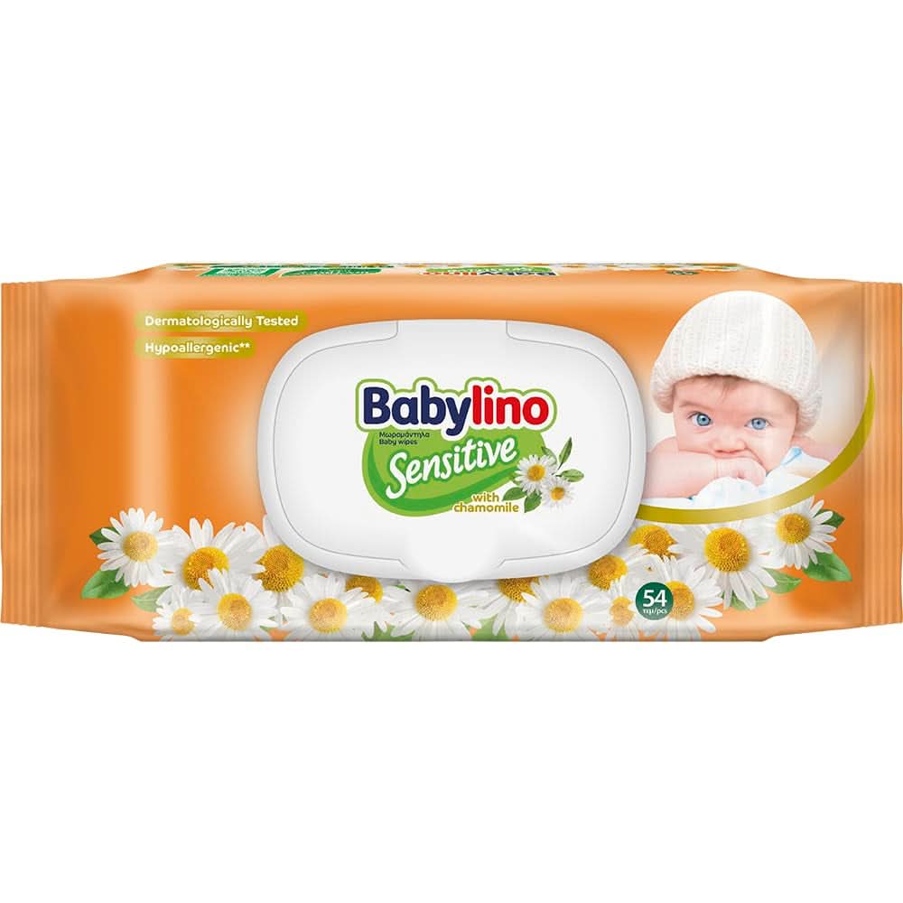 Șervețele pentru copii sensibili Babylino Sensitive, 0% parfum, 98% formulă naturală care restabilește valoarea pH-ului pielii Servetele Umede Bebelusi Naty Shop Mușețel, 54 servetele