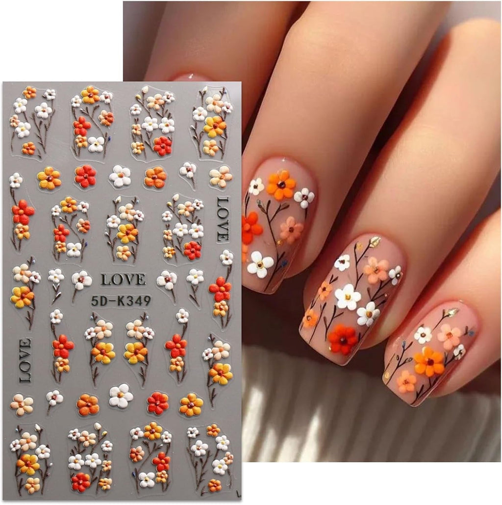 JMEOWIO 3D Nagelsticker Blumen Nail Art Sticker Selbstklebend Nagelaufkleber 5D Stereoskopisch Herbst Blumen Dekoration Nageldesign Zubehör 4 Blatt