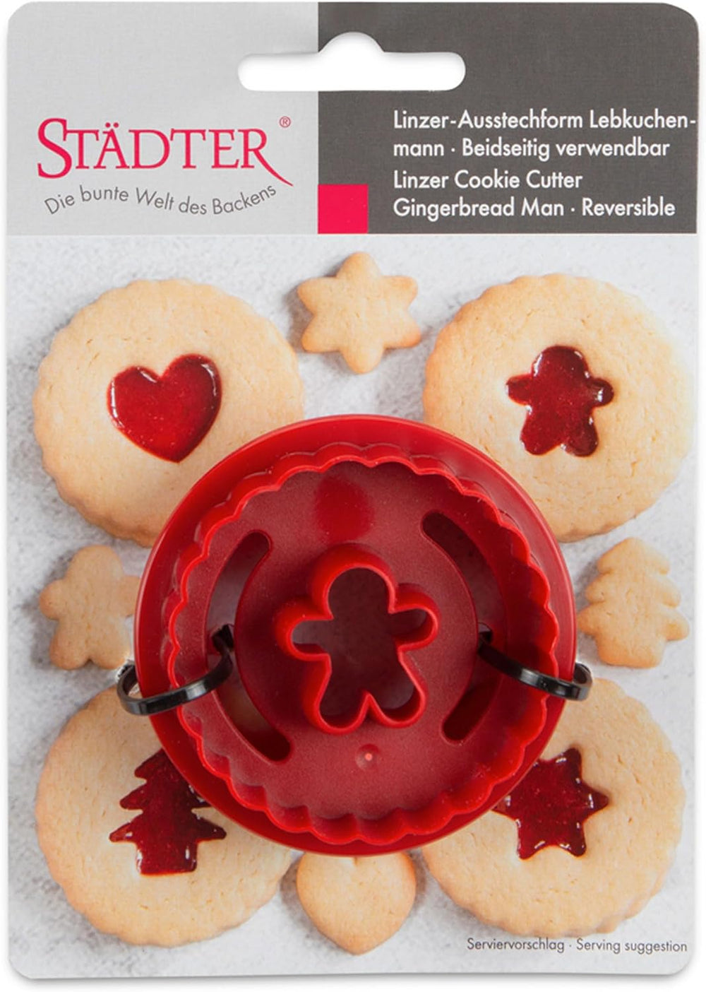 Formă de biscuiți Städter Linzer, omuleț de turtă dulce, ondulată, față-verso, plastic ABS, roșie, diametru: 5,5 cm, înălțime: 3 cm, 954145