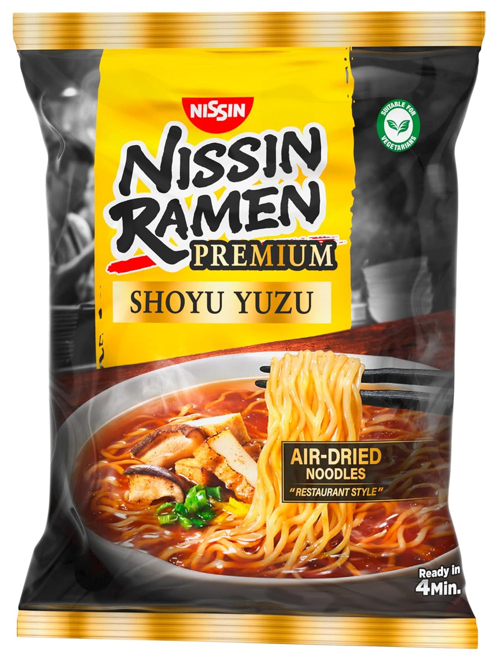 Nissin Ramen Premium - Shoyu Yuzu 10 csomag japán stílusú levegőn szárított instant tészta Yuzu szójaszósszal és szárított póréhagymával (10 x 92,7 g)