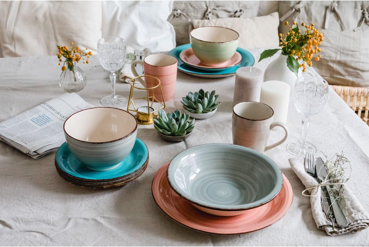 MÄSER 931875 Bel Tempo II, Teller-Set Für 6 Personen Im Modernen Vintage Look, 18-Teiliges Tafelservice, Handbemaltes Keramik-Geschirr Service, Steingut, Rauchblau Seturi vesela masa Naty Shop