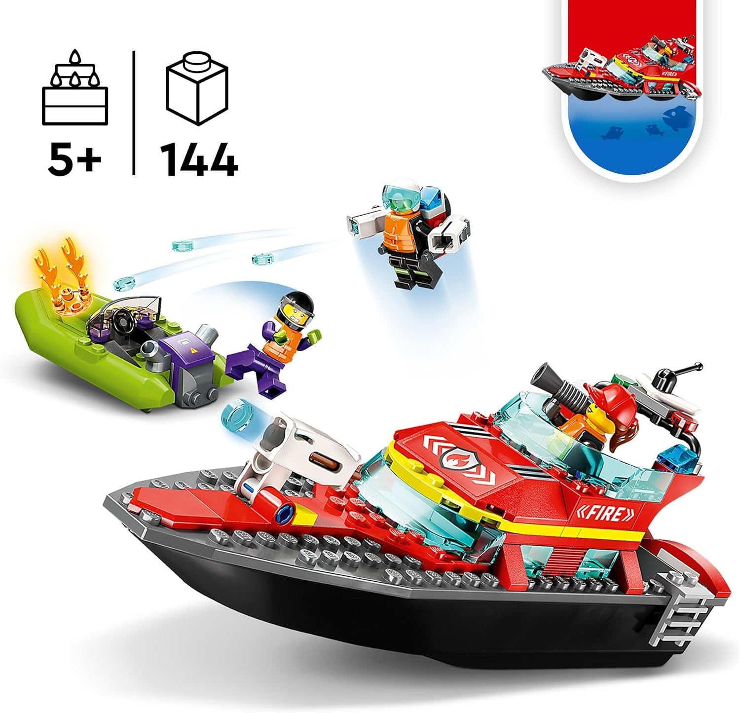 LEGO 60373 City Feuerwehrboot, Spielzeug, das im Wasser wimmt, mit Rennboot, 3 Minifiguren und Jetpack, Feuerwehr-Boot-Spielzeug Geschenkide für Jungen und Mädchen ab 5 Jahren