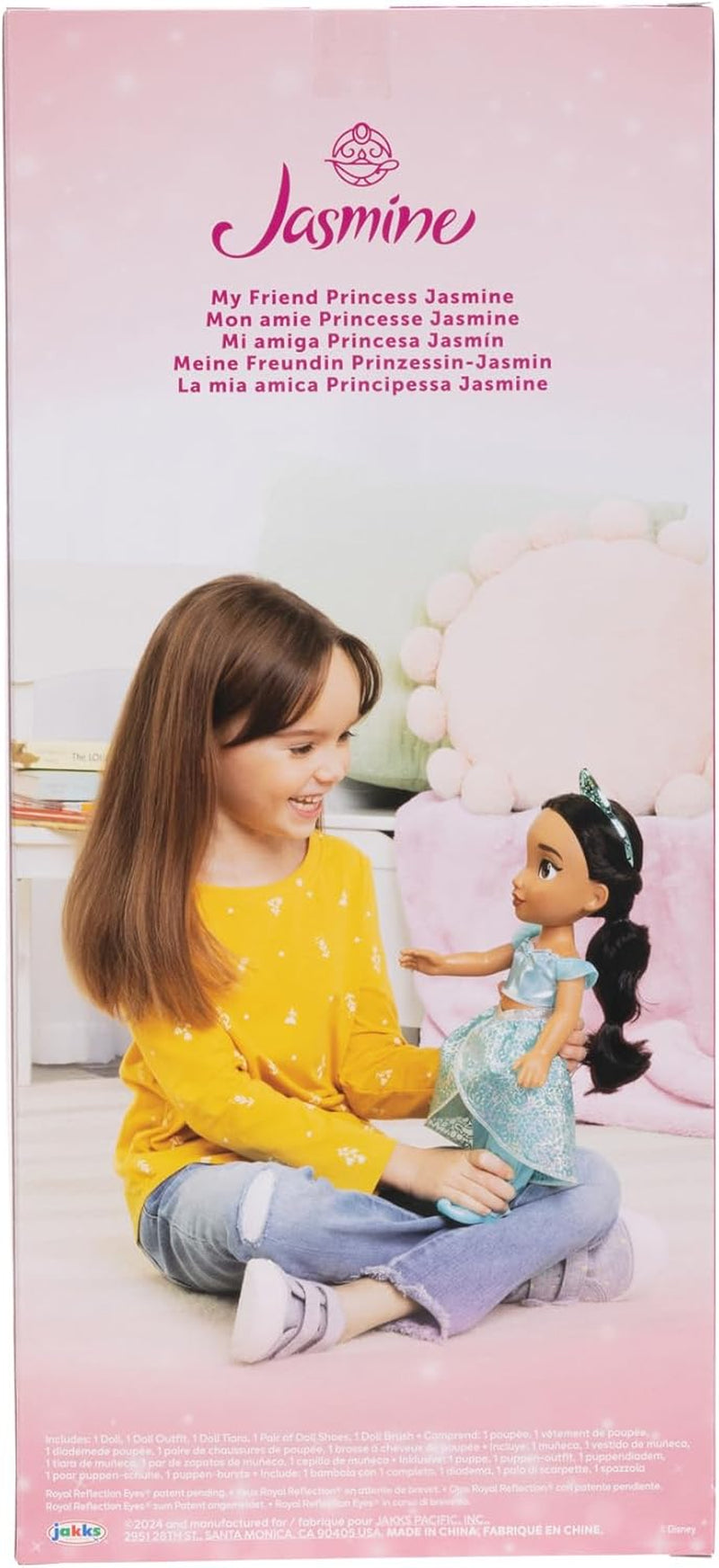 Disney Princess Jasmin Puppe 35 cm, reflektierende Glitzeraugen, bewegliche Gelenke, ausziehbares Outfit, Schuhe, Krone, langes geflochtenes Haar, für Mädchen ab 3 Jahren