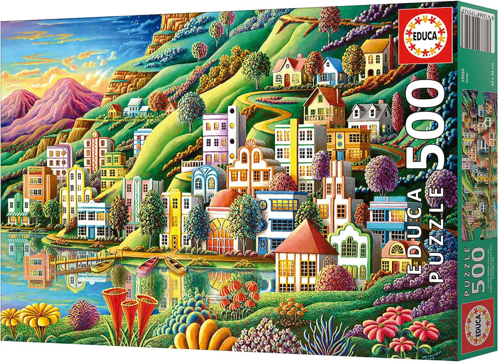 Educa - Puzzle 500 db felnőtteknek | Színes falu a tó mellett, 500 darabos puzzle felnőtteknek és gyerekeknek 11 éves kortól, tájrejtvény, illusztráció (19552) Puzzle Naty Shop